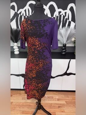 Jones New York Purple Floral Midi Dress Size 12 Elegant Career Evening EUC